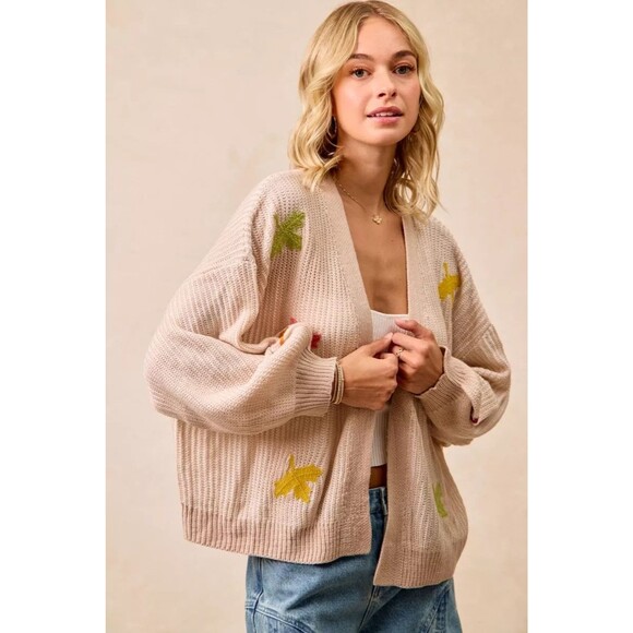 BiBi Two Tone Knit Cardigan with Leaf Appliqués - Picture 9 of 11